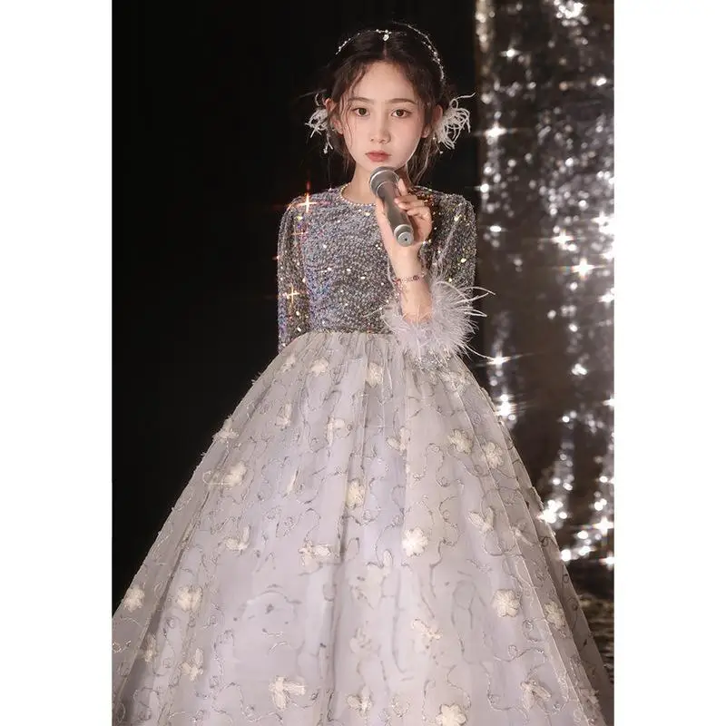 Girls' Formal Dress High-End Luxury Niche Children's Piano Host Performance Dress Spring Sequin Beautiful Princess Dress