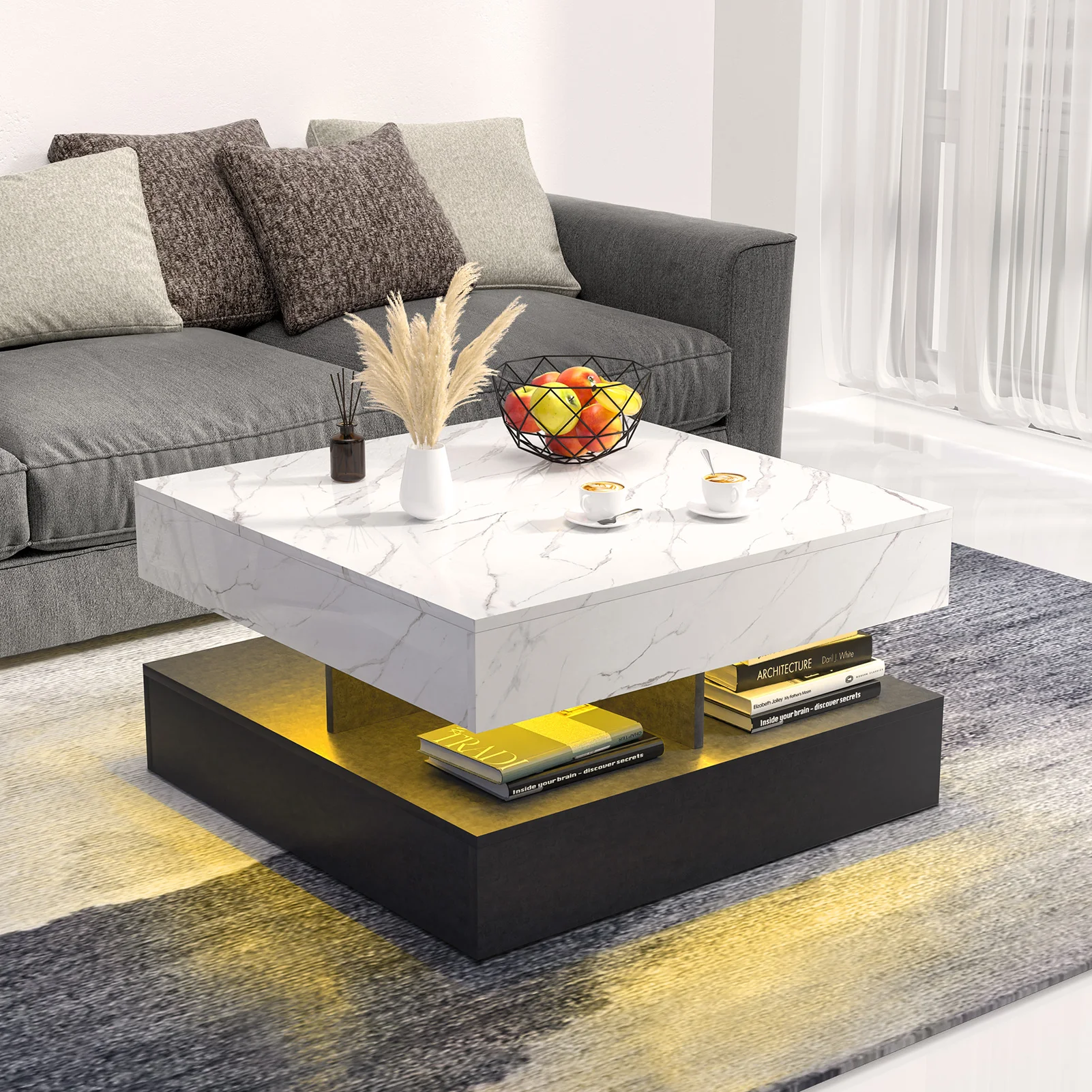 2-Tier Nordic Living Room Coffee Tables Modern Design Decor LED Square Coffee Tables Minimalist Home Furniture Center Table ﻿