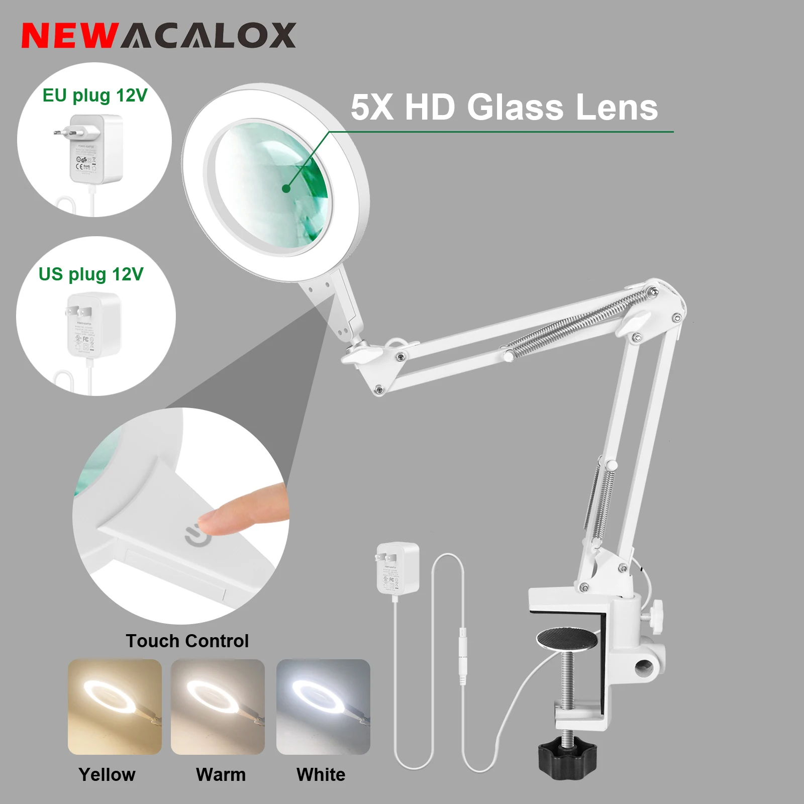NEWACALOX LED مصباح مكبر مع المشبك و 5X HD عدسة زجاجية معدنية سوينغ الذراع يعتم 1300 لومينز مضاءة مصباح مكتبي مكبر