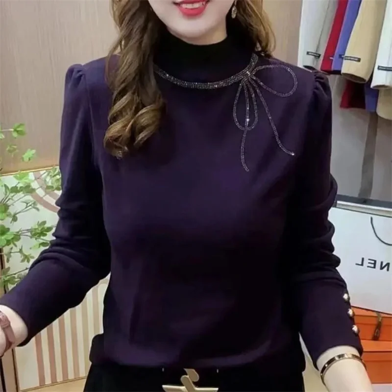 Spring Autumn Ladies Double Sided German Velvet T-shirt Retro Women Long Sleeves Shirt Feminine Half High Collar Bow Tshirt Coat