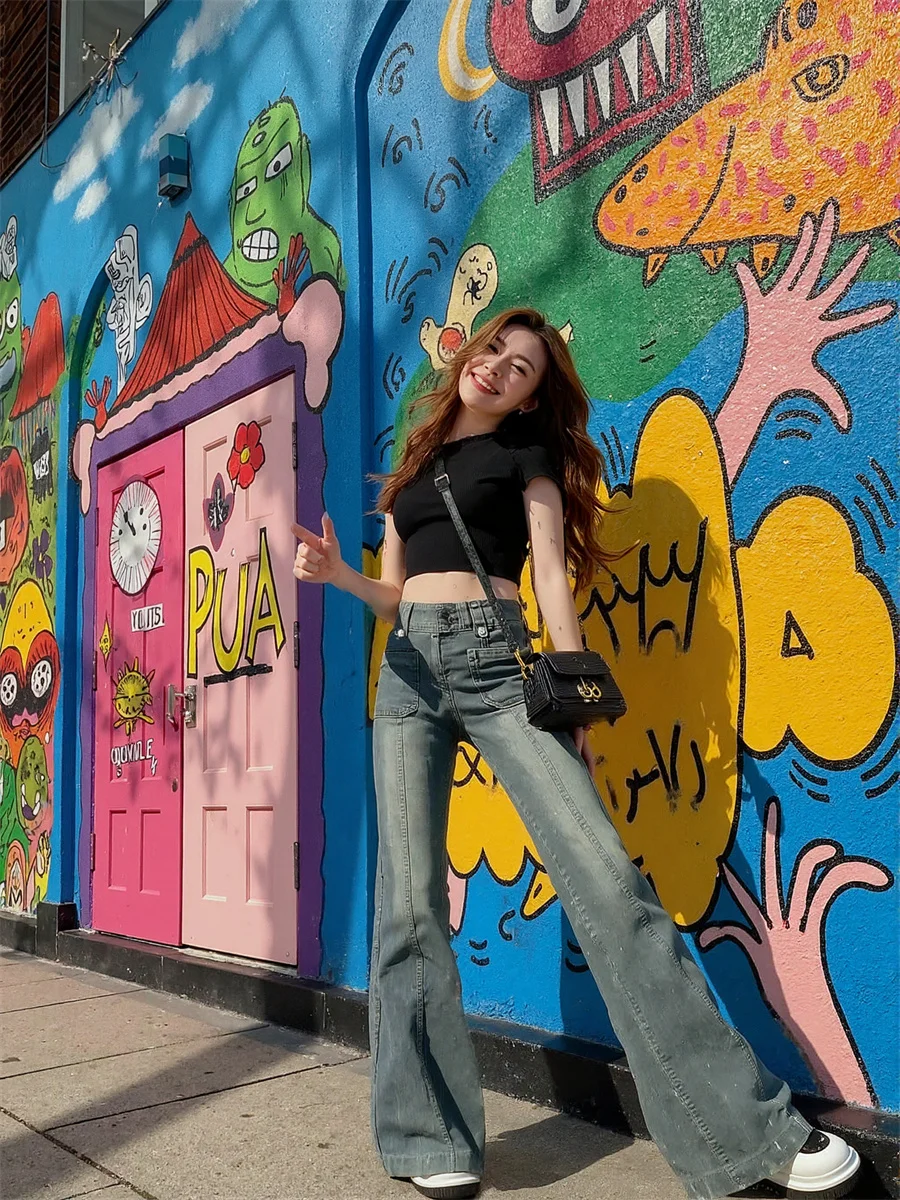 Flare Slim Skinny Floor Jeans Womens Bell Bottoms Stretchy  Fit High Waist Embroidery Patchwork Studs Ripped Jean 