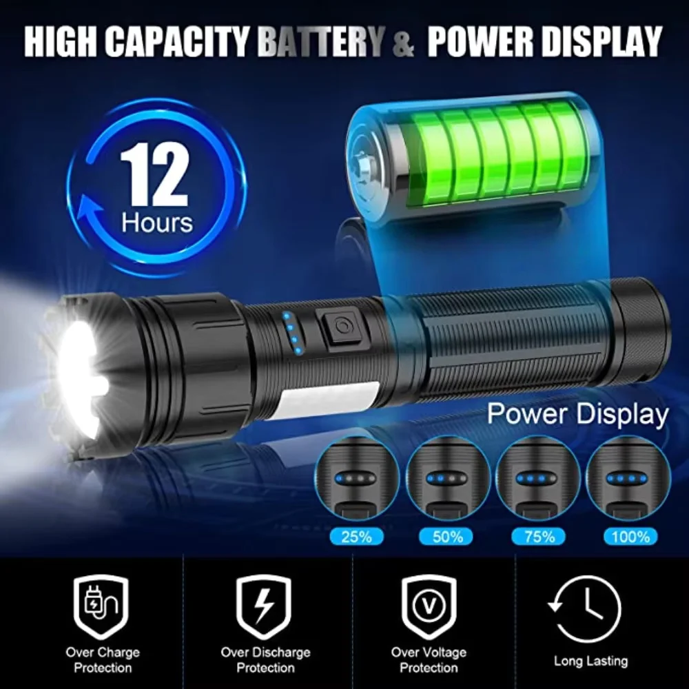 2000000LM XHP200 Bright LED Flashlight with COB Work Light 5000mAH Type-C Usb Rechargeable Tactical Flashlight XHP50 Zoom Torch