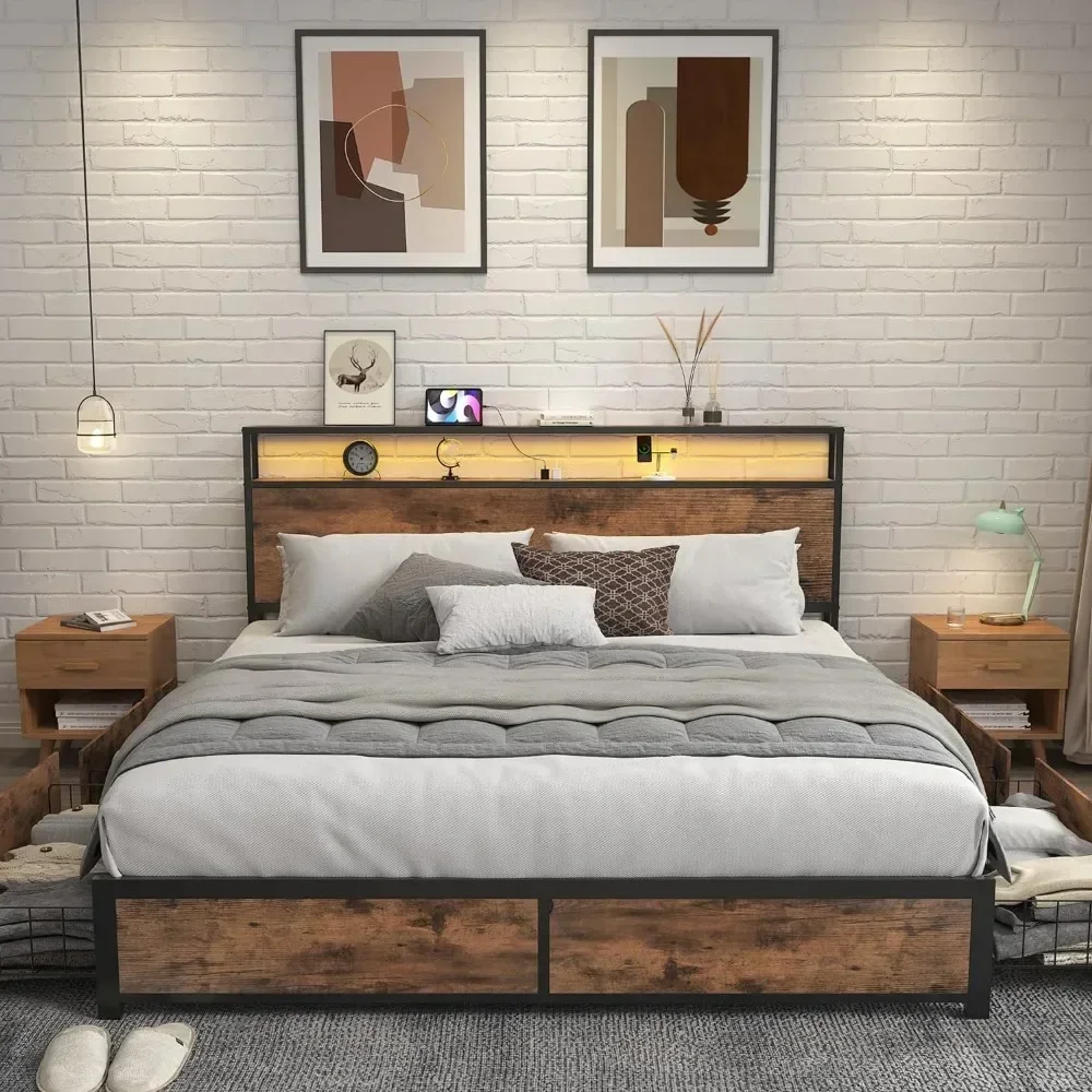 Queen Bed Frame,2-Tier Storage Headboard, Metal Platform Frame with 4 Storage Drawers, Built in Charging Station & LED Bed Frame