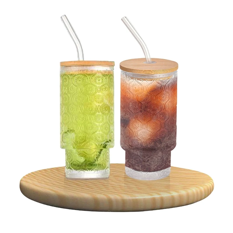 

Delicate Begonia Pattern Glass Tumblers Functional 16Oz Glass Tumblers with Straw for Iced Coffee Beverage and Juices K2WE