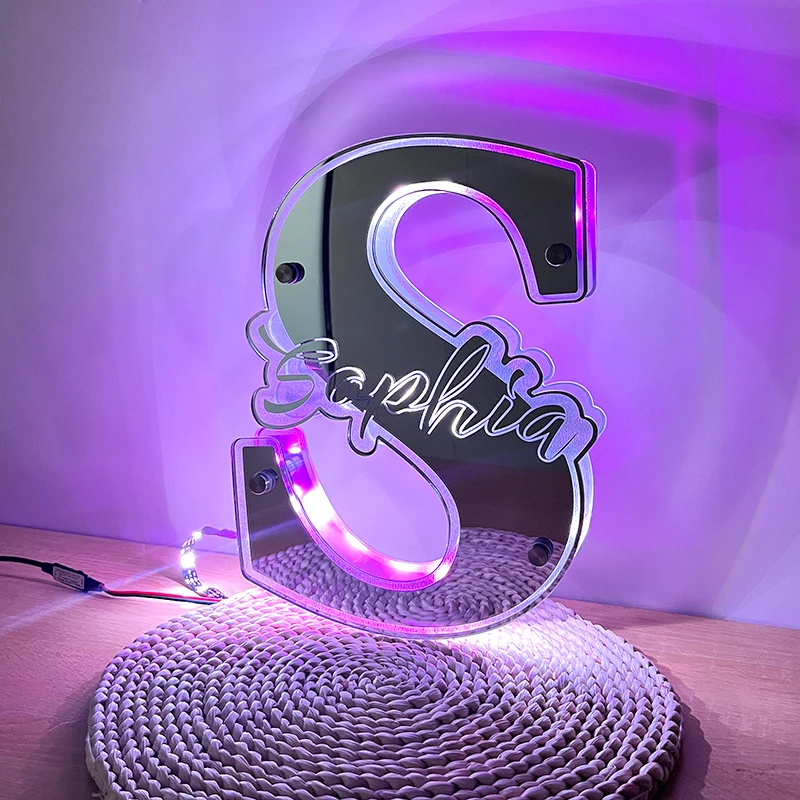 Personalized Acrylic Lamp Mirror Light Sign Custom Shape Luminous Mirror For Living Room Decoration