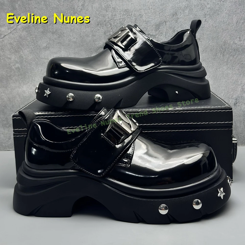 

Big Round Toe Hook and Loop Loafers Black Patent Leather Metal Rivet Decoration Thick Sole Platform Men's Casual Shoes 2025 New