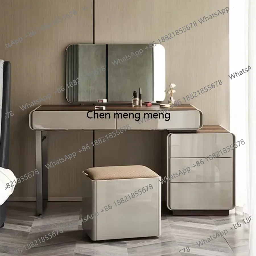 

D182Italian Luxury Lacquer Makeup Table Minimalist Smoky Wood Surface Extendable Dressing Desk For Small Apartments For Bedroom
