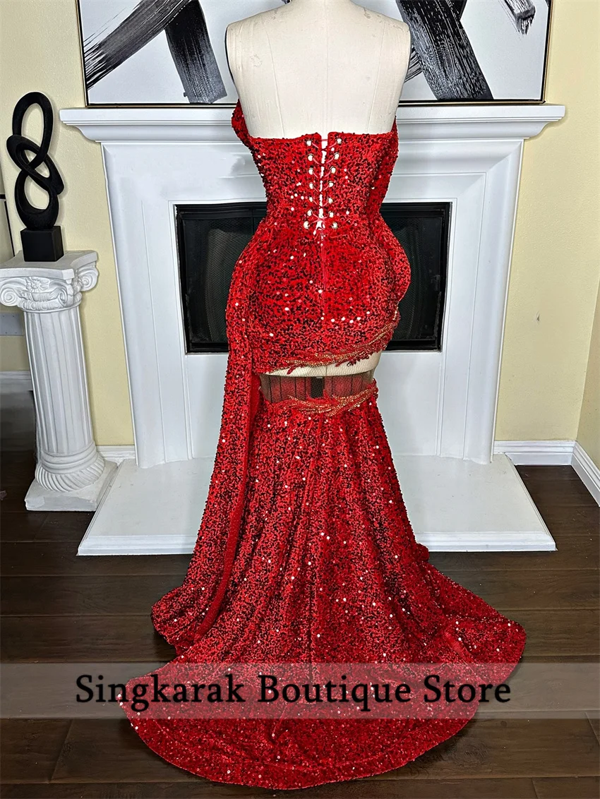 Vermelho brilhante trompete longo vestidos de baile para menina negra lantejoulas brilhantes diamantes gemas personalizado aniversário noite gala vestido