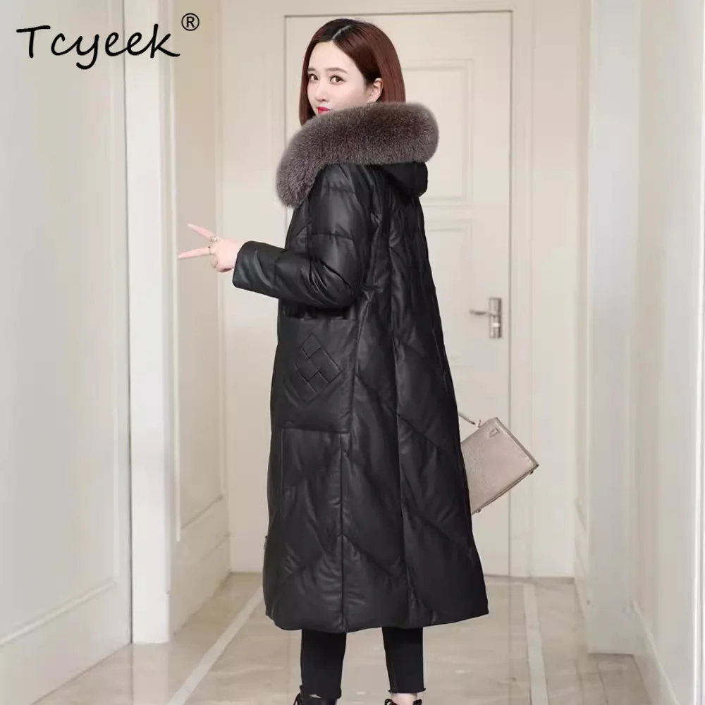 Tcyeek Pelle di pecora Piuma d'anatra bianca Autunno Inverno Con cappuccio Nero Giacca in vera pelle da donna di media lunghezza Жakiıyжаglas Куртка
