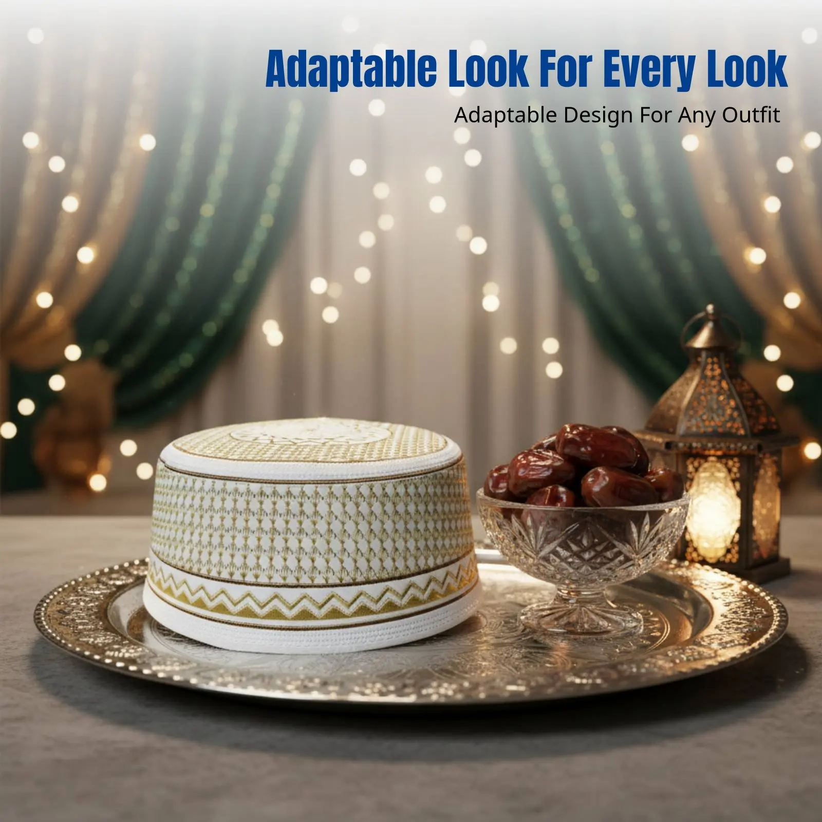 

Muslim Men's Prayer Cap, Geometric Embroidery, Deep Dome, Modern Computer Stitching, No Brim