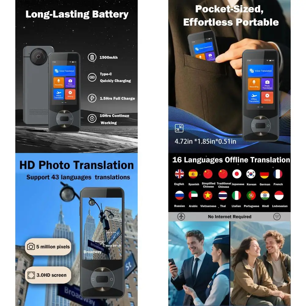 Two-Way Real-Time Translator, 144 Languages, Voice/Online/Photo, Ideal for Travel & Business