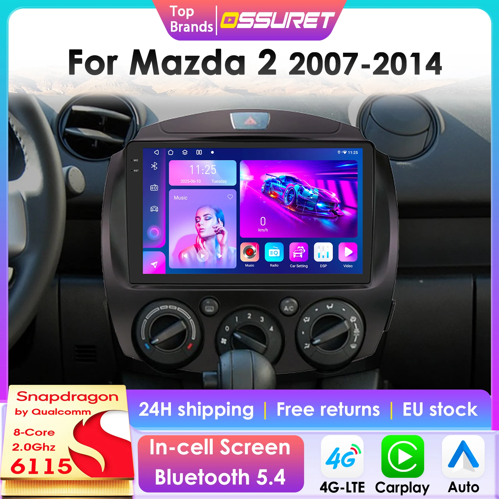 360 Kamera 2Din Android 14 Auto Radio Für Mazda 2 2007 2008-2014 Auto Multimedia GPS 4G Carplay intelligente Bildschirm autoradio 6115