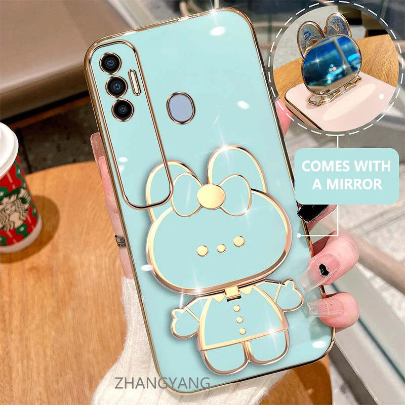 

Case For Tecno Spark 7 Pro Spark 7 Electroplated straight edge silicone phone case cute 3D rabbit with built-in mirror for anti