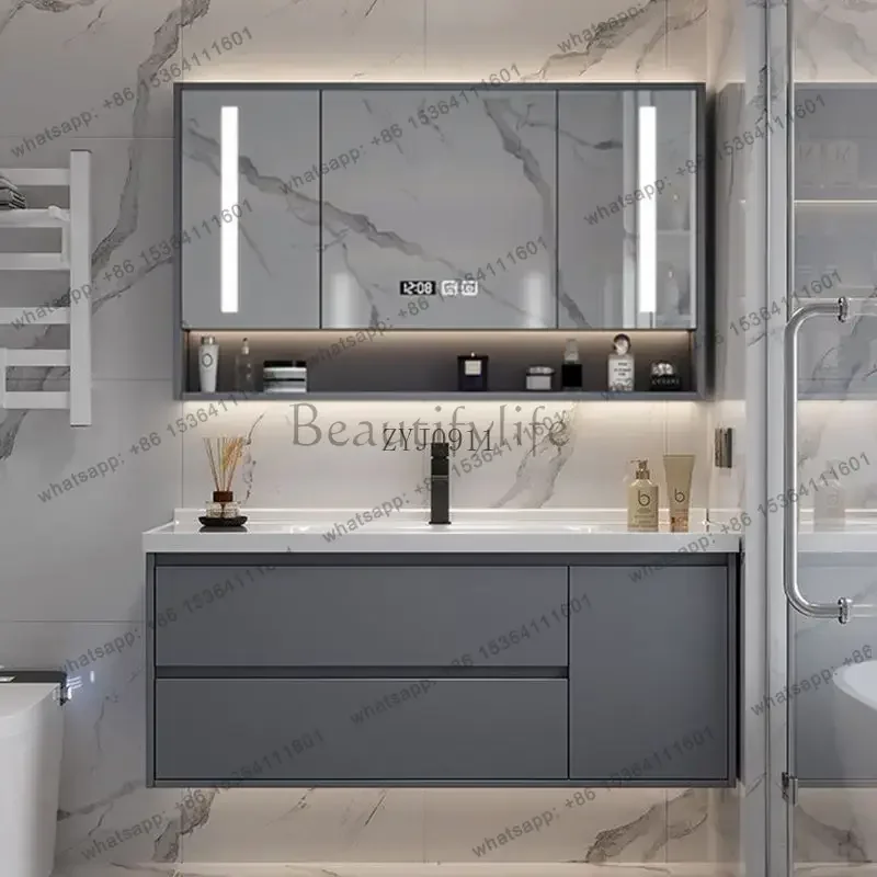 Solid wood light luxury bathroom cabinet combination modern ceramic integrated basin intelligent wash basin light luxury style