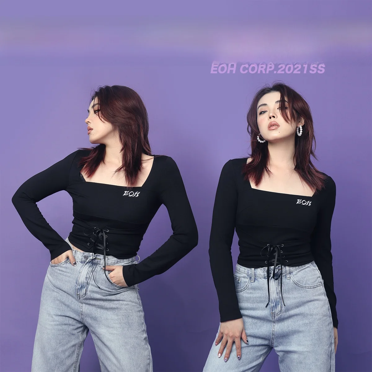 

Оригинальный дизайн, футболка с длинным рукавом и декоративной цепочкой на поясе, приталенный крой, большой воротник, уличный стиль, повседневная одежда