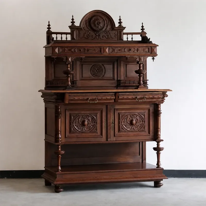 Retro Solid Wood Dining Side Cabinet Neoclassical Living Room Wall Locker American Light Luxury Antique Display Storage Unit