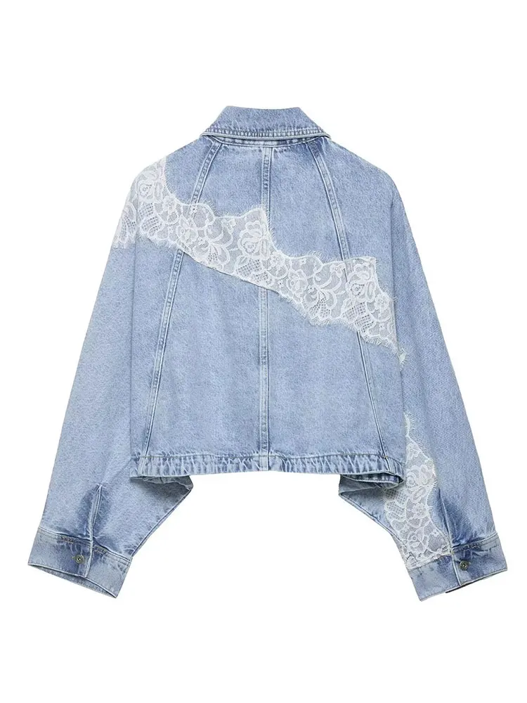 HH Womens Loose Blue Denim Jacket Lace Trim Long Sleeve Button Front Cropped Coats Date High Street Casual Summer Vacation Coat view 6
