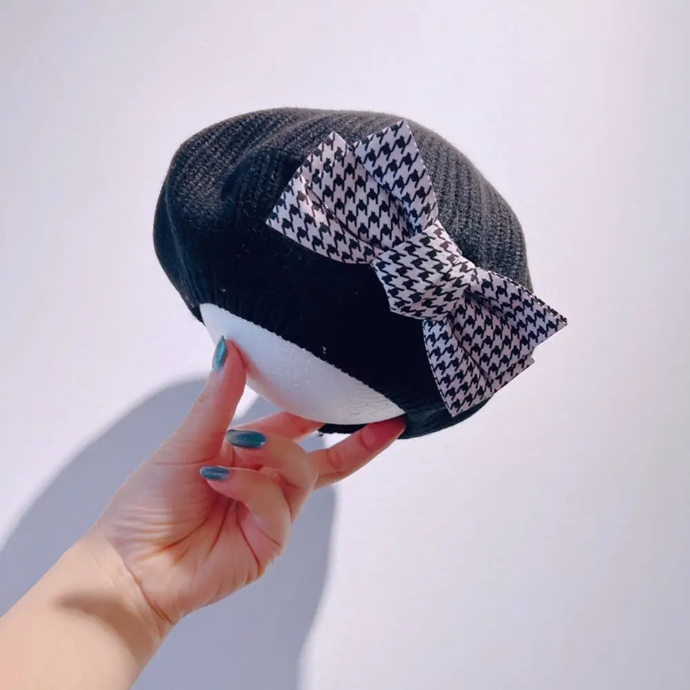 

Warm Cute Knit Hat Korean Style Hat Painter Hat Solid Color Houndstooth Bow Children's Gloves Children's Caps Girl Beret