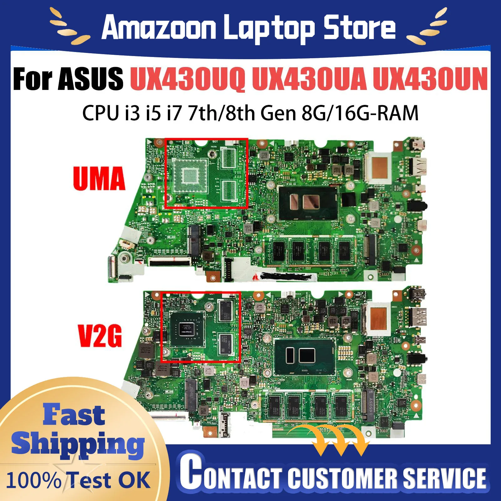 UX430UQ Mainboard For ASUS UX430U UX430UN UX430UNR UX430UA UX430UQR Laptop Motherboard With I3 I5 I7-7th/8th GEN 8GB/16GB V2G