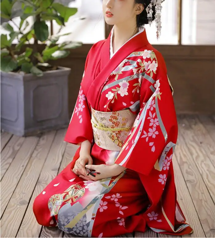 

Red Tradition Japanese Kimono Women Spring Dress Print Cherry Blossoms Include Belt