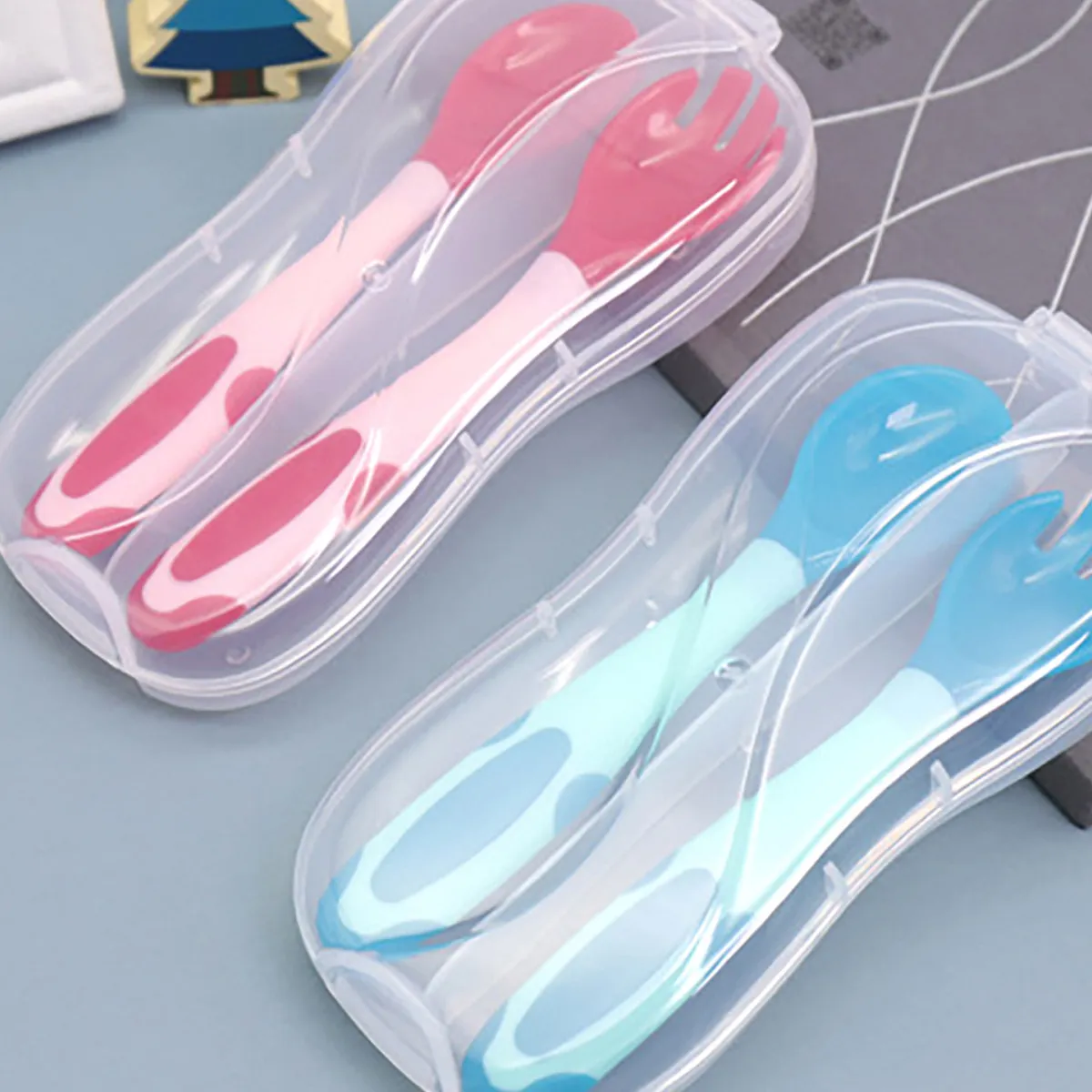 

2Sets Baby Utensils Spoon Fork Training Tableware Easy Grip PP Tpe Materials High Temperature Resistant 360 Bend Pink Blue