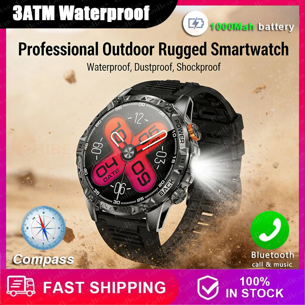 

2026 New Smart Watch 1000mAh Large Battery Men Outdoor Sports Data Track Compass LED Flashlight BT Calling Heart Rate Smartwatch