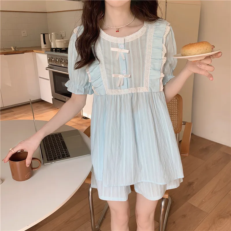 Soft Home Spring Solid Short Sleeve Sweet Casual Kawaii Pajamas Set Women Lace Loli Loose Comfortable Ins O-Neck Vacation