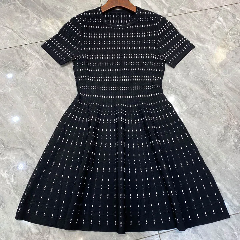 1.30 Women\'s New Fashion Knitted Dress Round Neck Short Sleeve Dotted Spliced Striped Rib-Knit Slim Mini Dresses Women Clothing