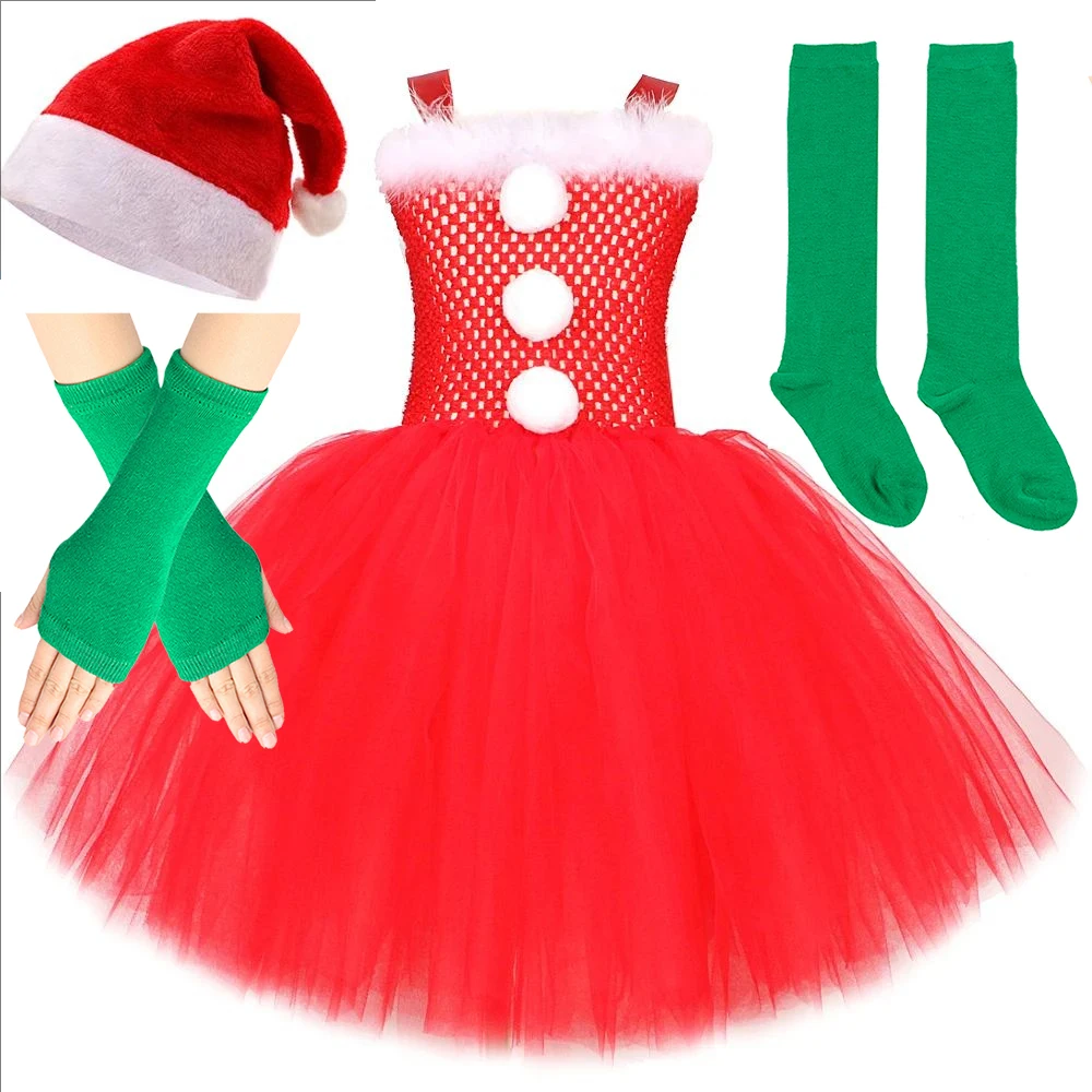 Red Santa Claus Costumes for Girls Grinch Christmas Tutu Dress for Kids Xmas New Year Outfit Children Father Christmas Clothes