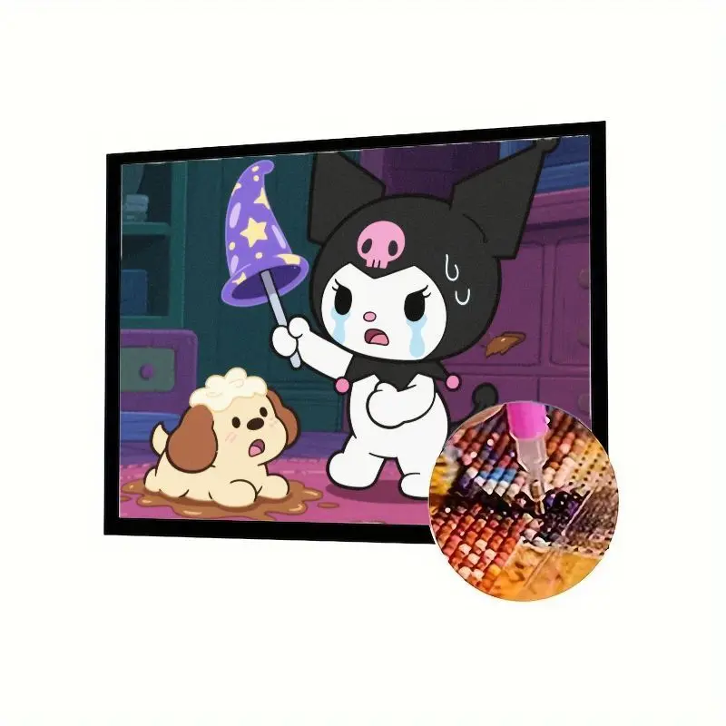 

Набор для алмазной живописи Kuromi Sanrio «Oops» Moment 5D, очаровательный плачущий Kuromi с шляпой для щенка и волшебника, полная дрель со стразами