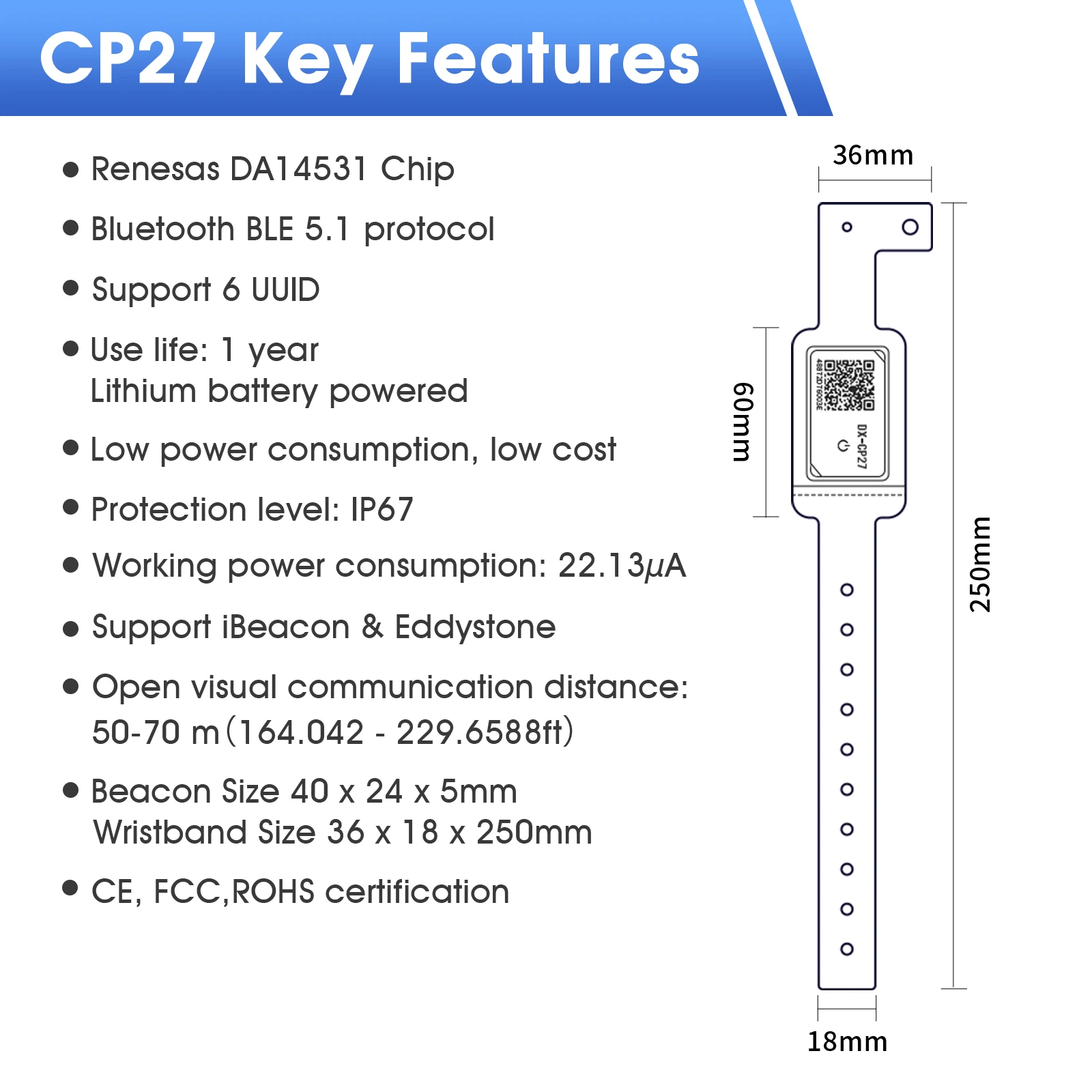 DX-CP27 Disposable BLE 5.1 Beacon Wristband, iBeacon/Eddystone, IP67 Waterproof, 1 Year Battery Life for Event Tracking