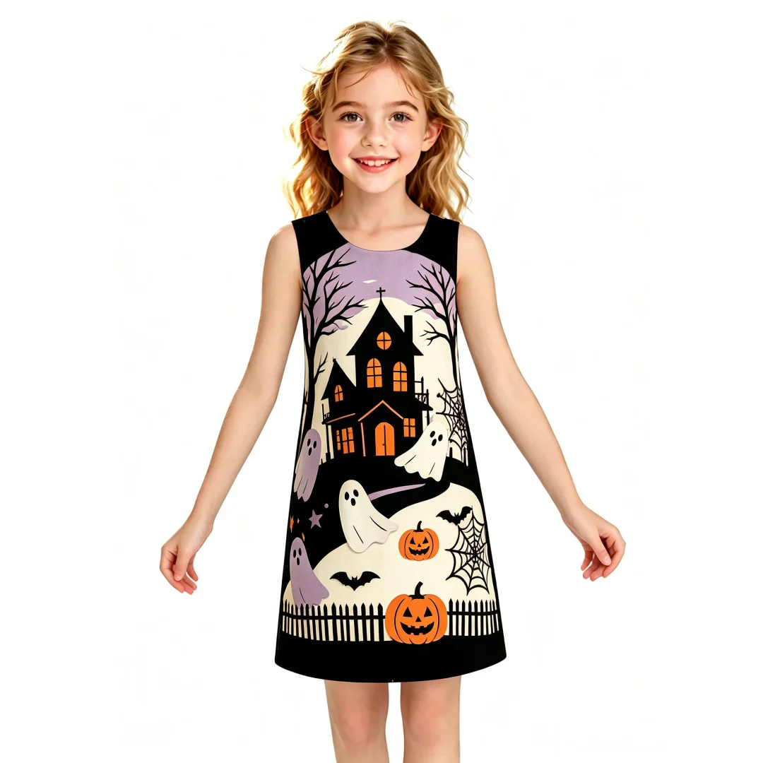 Girls Sleeveless Shift Dress Black Spooky Ghost Colorful Star Moon Print Halloween Casual Outfit for Festival Party Daily Wear ﻿