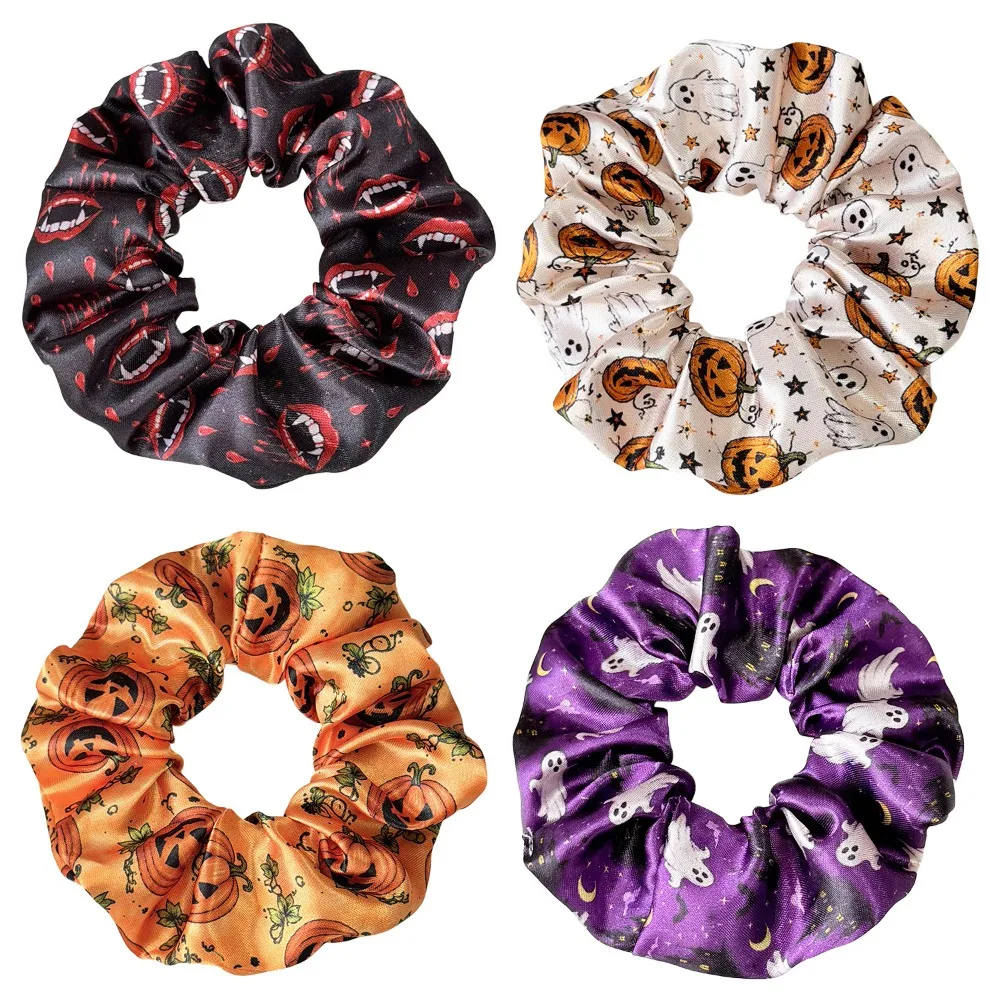 2Pcs Ghost Pumpkin Halloween Satin Scrunchies, Print Ponytail Ties for Women, Party Accessories