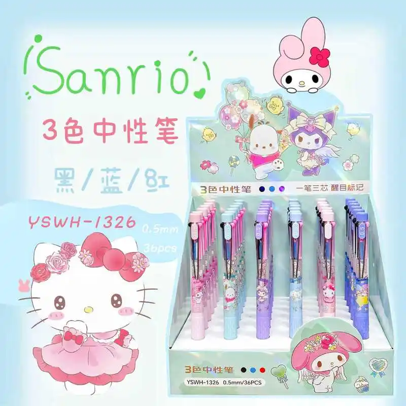 

36 шт., шариковая ручка в стиле аниме Sanrio, 3 цвета, черный, красный, синий, цветные марки, многофункциональные студенческие принадлежности, канцелярские товары, оптовая продажа