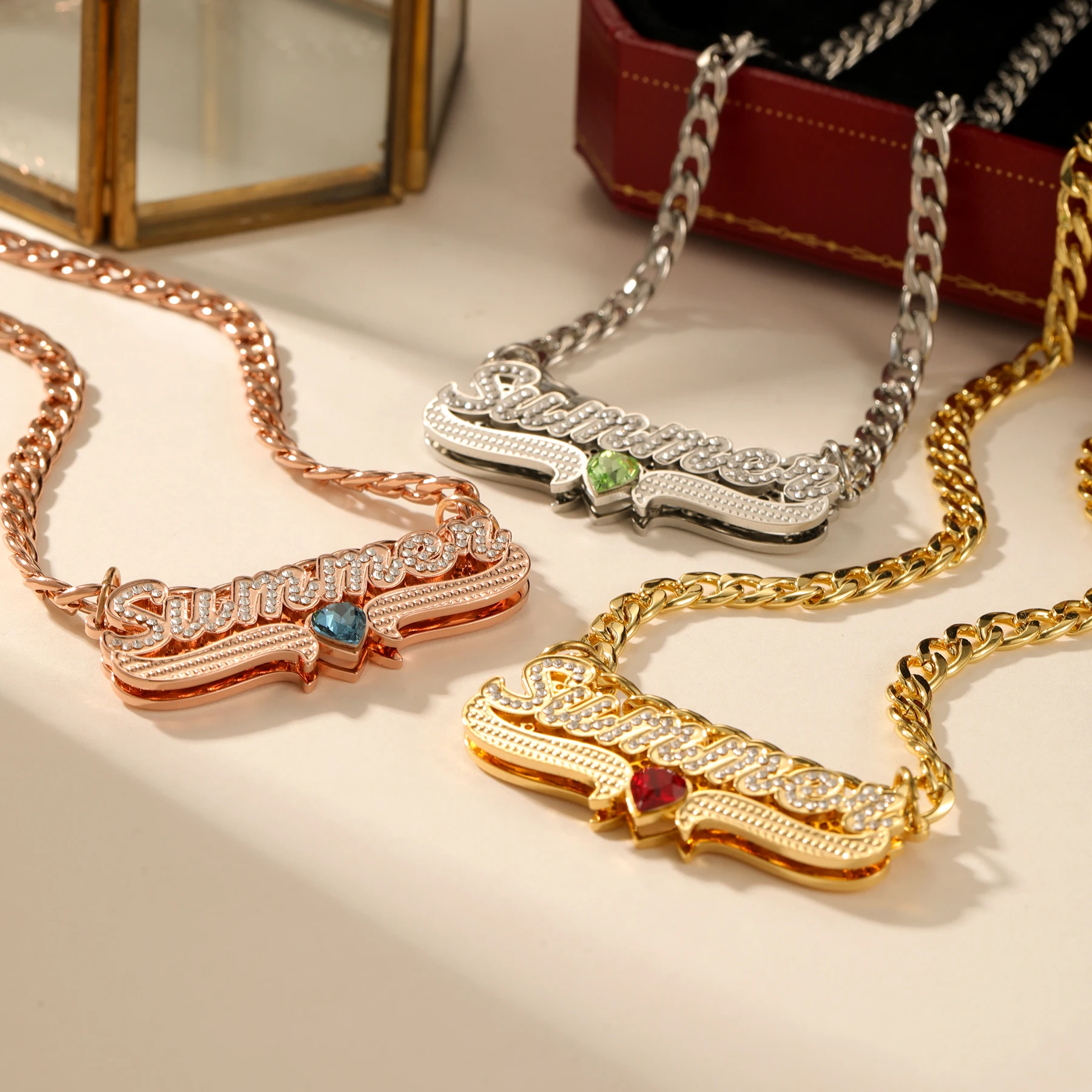 

Double Layer Name Necklace with Diamond Red Heart Pendant Sparkling Personalized Jewelry Romantic Gift for Women 18K Gold Plated