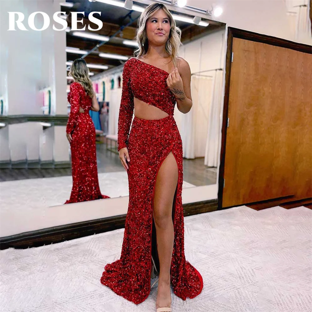 

ROSES Red Evening Dresses One Shoulder Prom Dress with High Split Sequins Robe De Soirée Glitter Mermaid Pleats Party Dresses