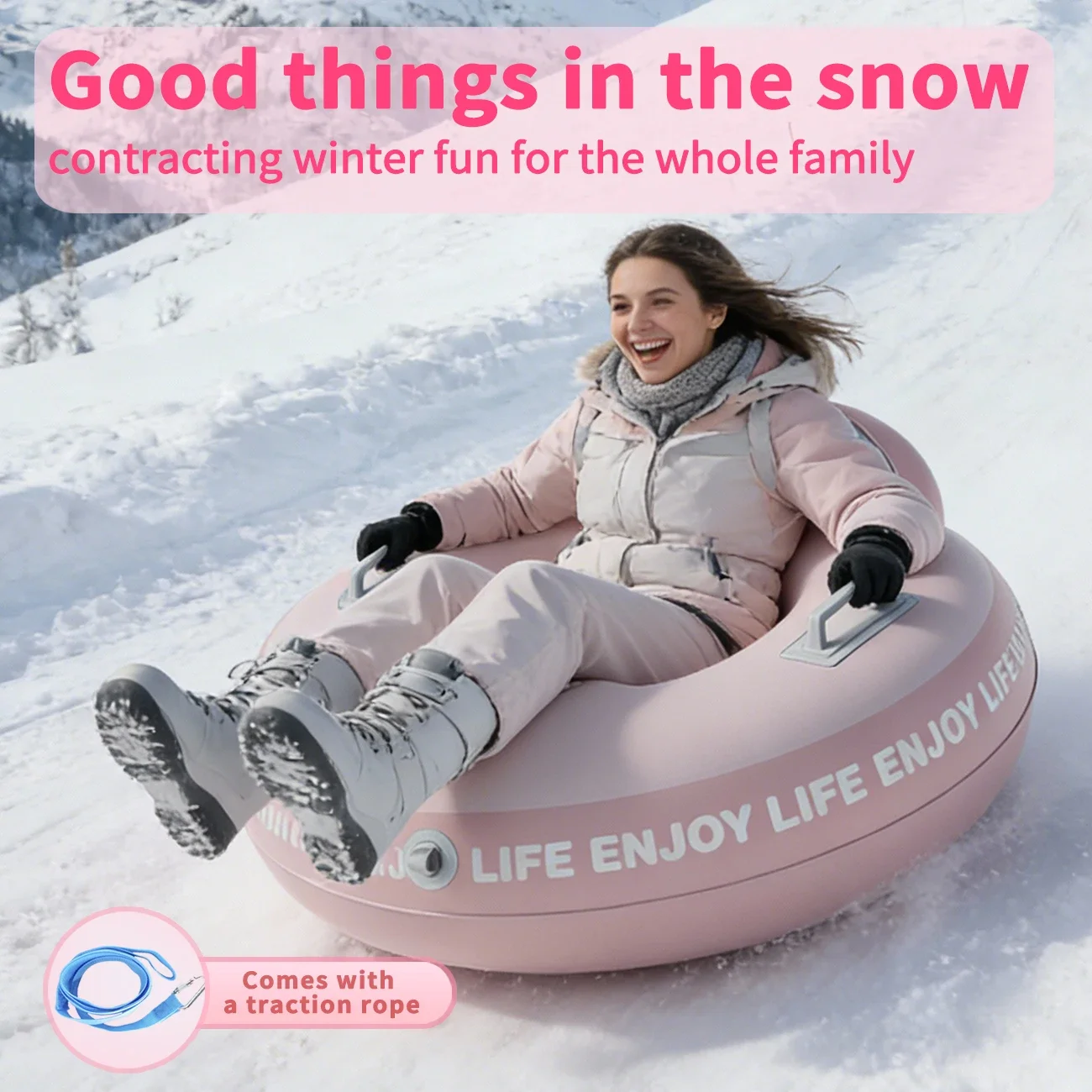 1PC Large Backrest Ski Ring - Low Temperature Resistant Snow Tube with Double Handles & Quick Inflation Design,Pink