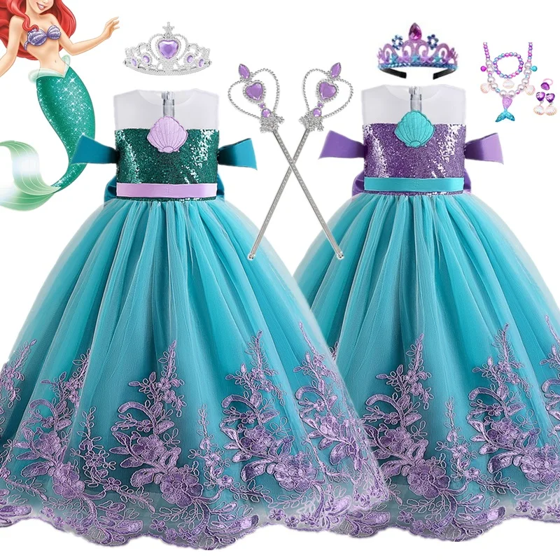 Little Mermaid Princess Costume for Girl Ariel Dress Kids Halloween Carvinal Party Dress Cosplay Clothes Children Birthday Gown