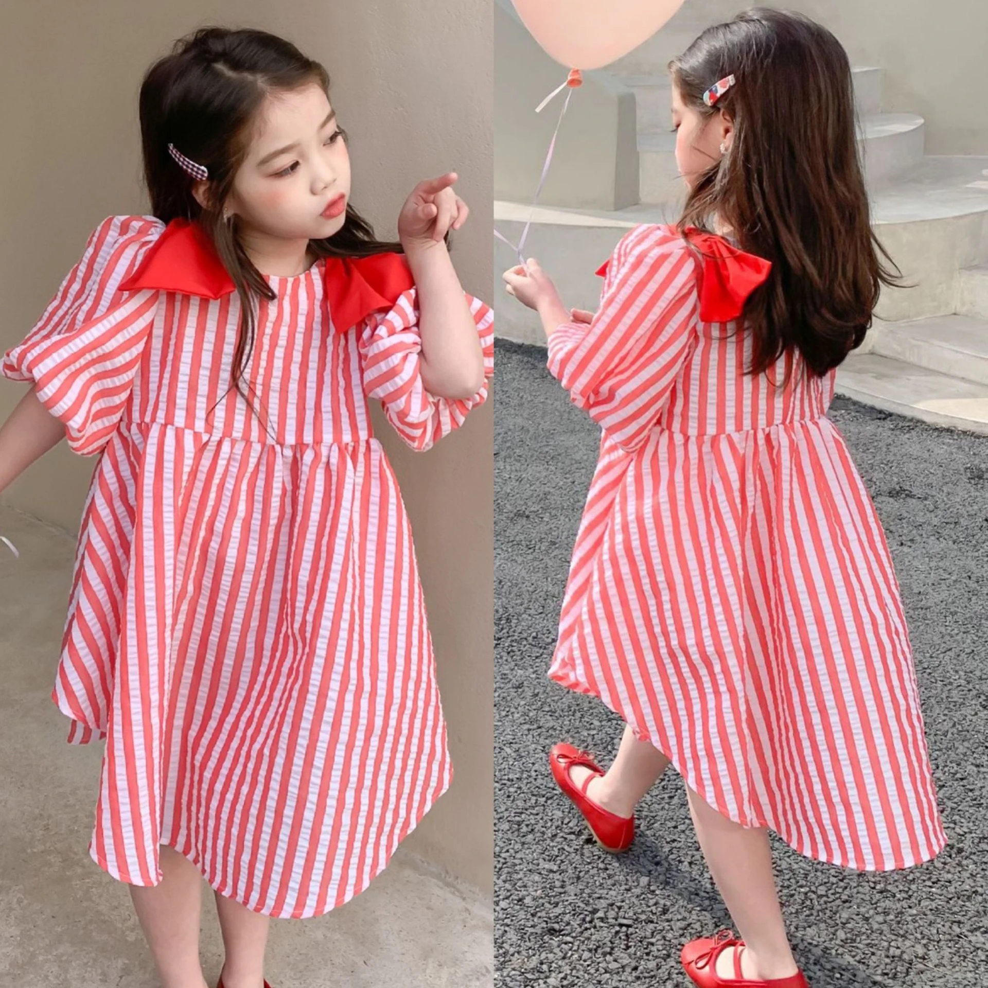 2024 Summer Striped Baby Dresses Girl\'s Sweet Princess Dress 3-8 Year Old Baby Girl Clothes Cotton One Piece Bubble Sleeve Dress