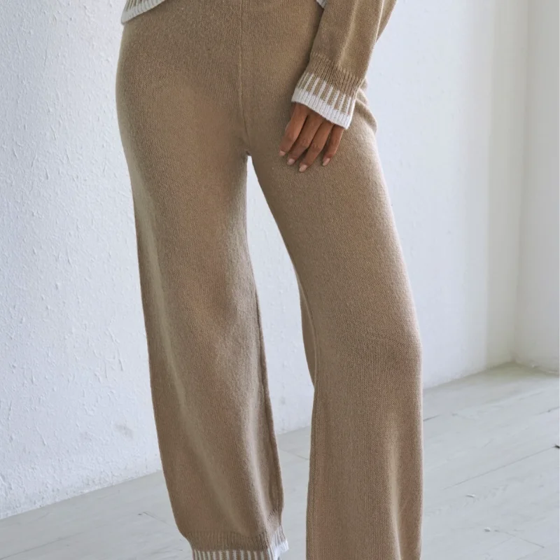 سراويل نسائية سميكة للخريف والشتاء بألوان متباينة، سراويل صوفية منسوجة واسعة الساق غير رسمية #6