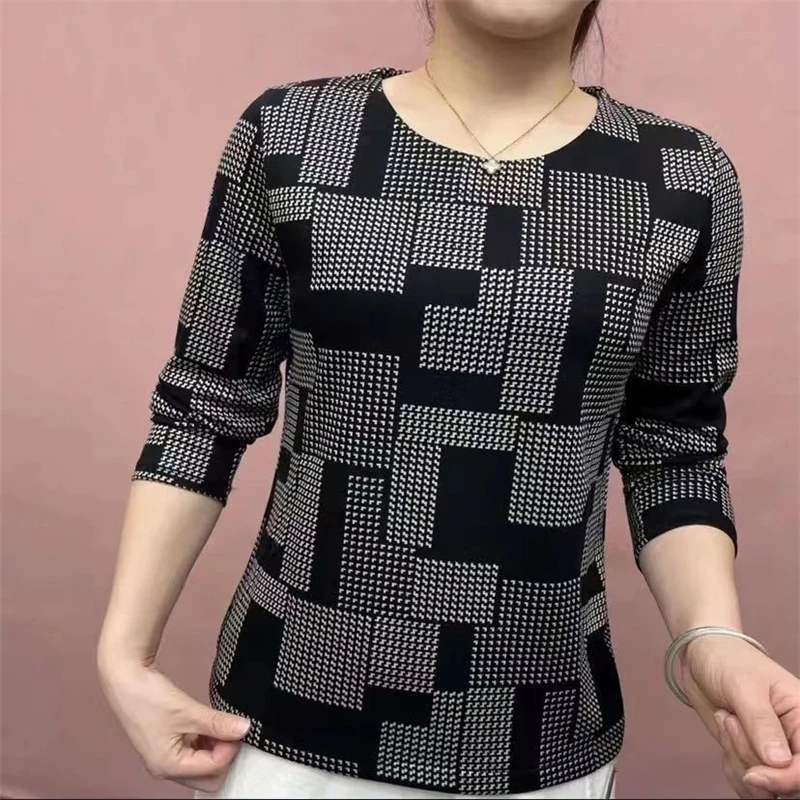 Women Korean Fashion Plaid Printed All Match Basic T Shirt Autumn Casual Round Neck Long Sleeve Slim Pullover Tops Ropa De Mujer