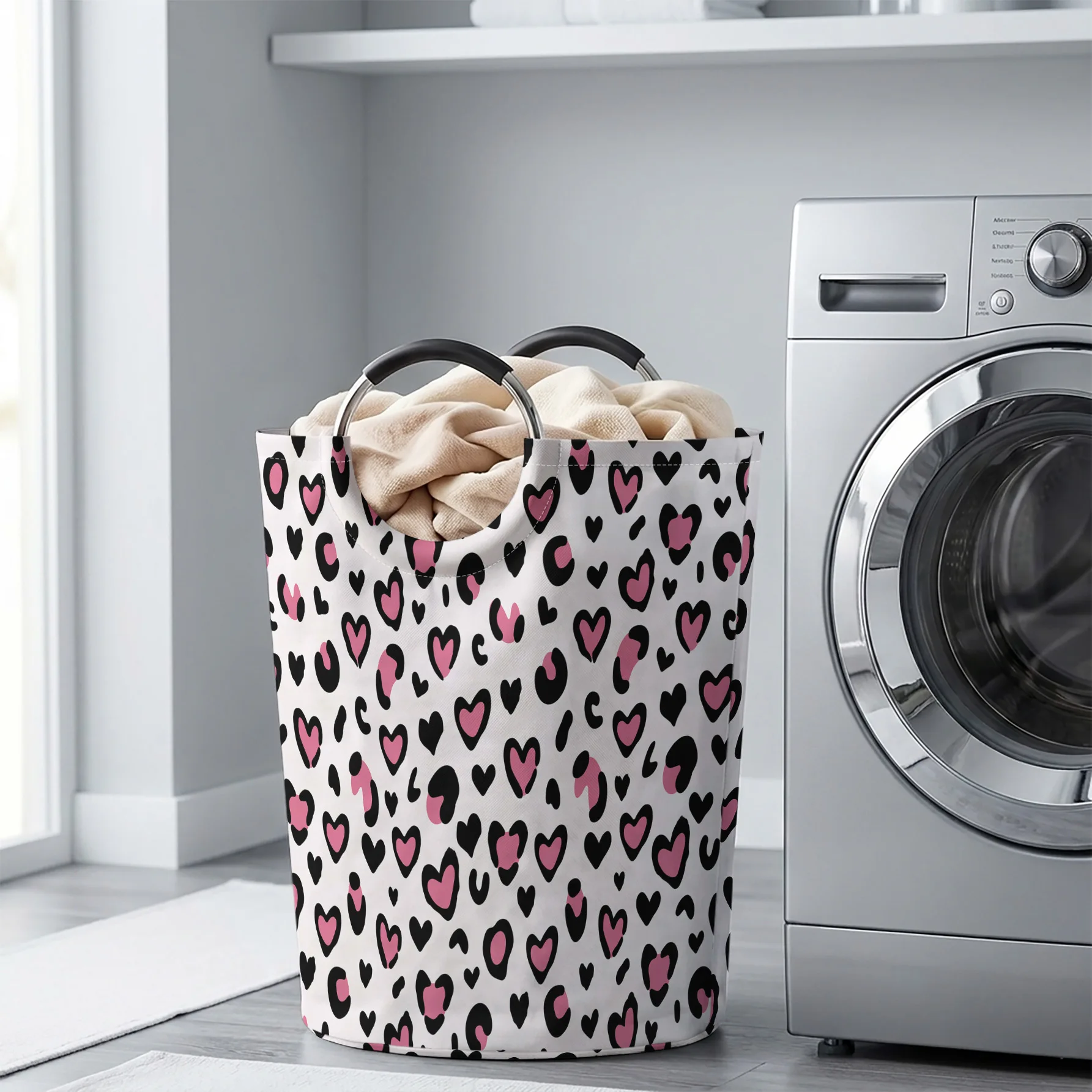 Pink Black Heart Leopard All Over Print Handheld Storage Basket, For Laundry, Bedroom & Home Sundries Storage