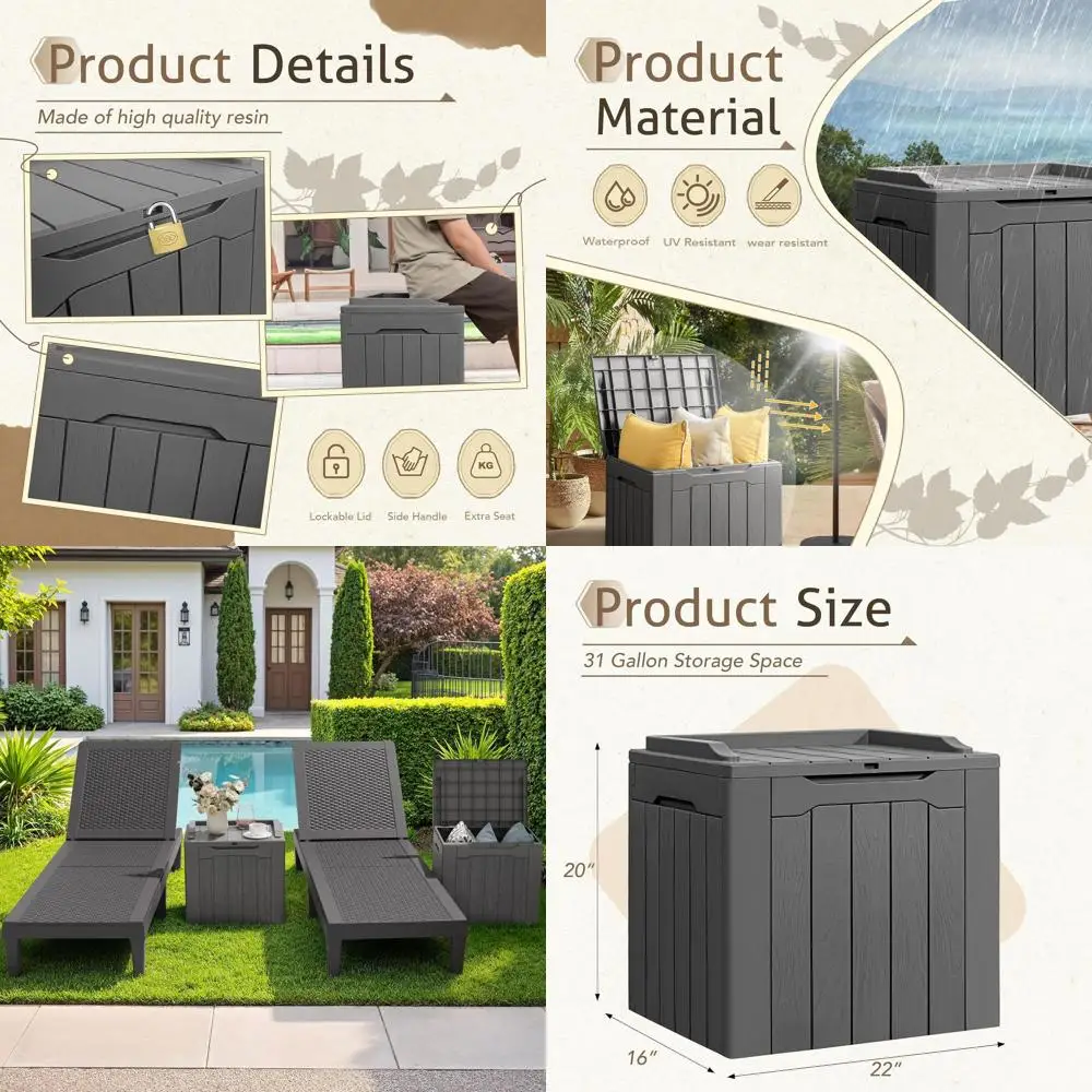 

31-галлонный всепогодный ящик для хранения на палубе из смолы с крышкой для подушек для патио на открытом воздухе - серый