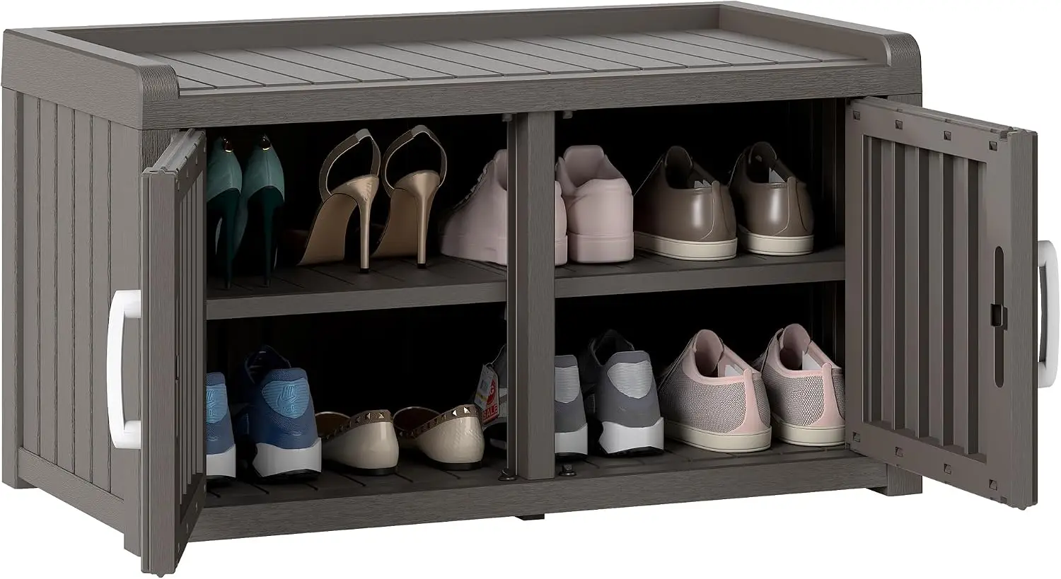 2-Tier Outdoor Shoe Storage Cabinet & Bench, Waterproof UV-Resistant with 2 Doors and Adjustable Shelves, Indoor Outdoor Organizer for Entryway, Hallway, Living Room, Grey