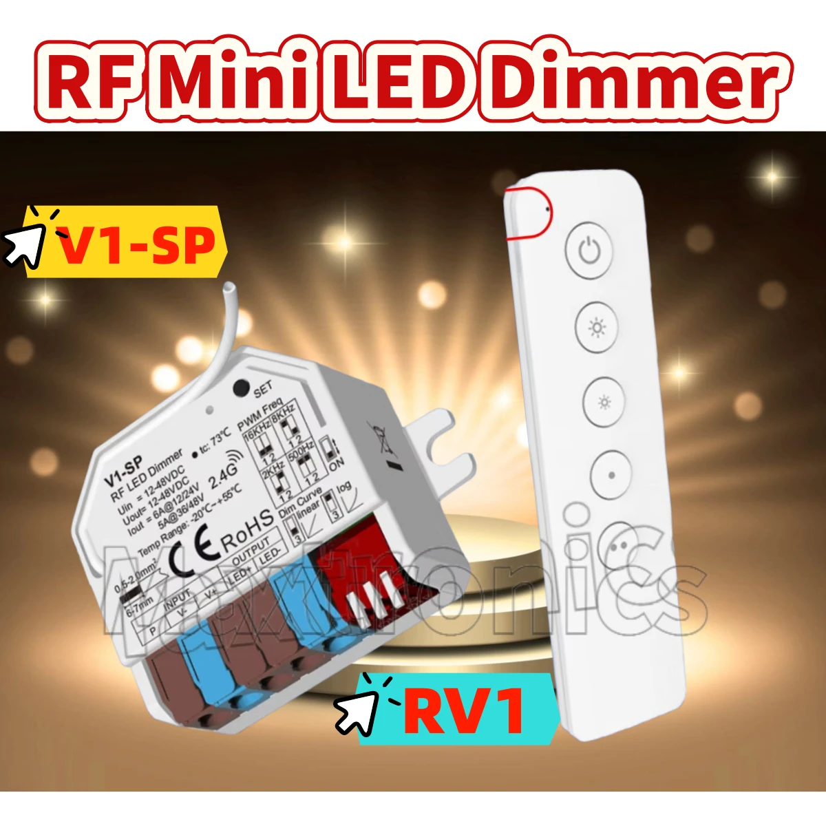 

NEW V1-SP/ RV1 RF Mini LED Dimmer Dimming LED Controller 3s Fade Mode RF 2.4G Remote 1CH*6A 12-48VDC Push Switch Dimming Funtion