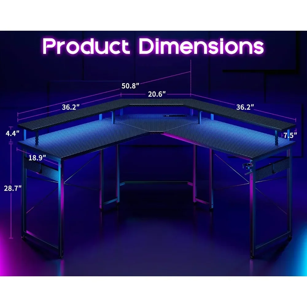 L Shaped Gaming Desk com luzes LED e Tomadas de Energia, 51 "Mesa do Computador com Suporte Monitor Completo, Carvalho Cinzento