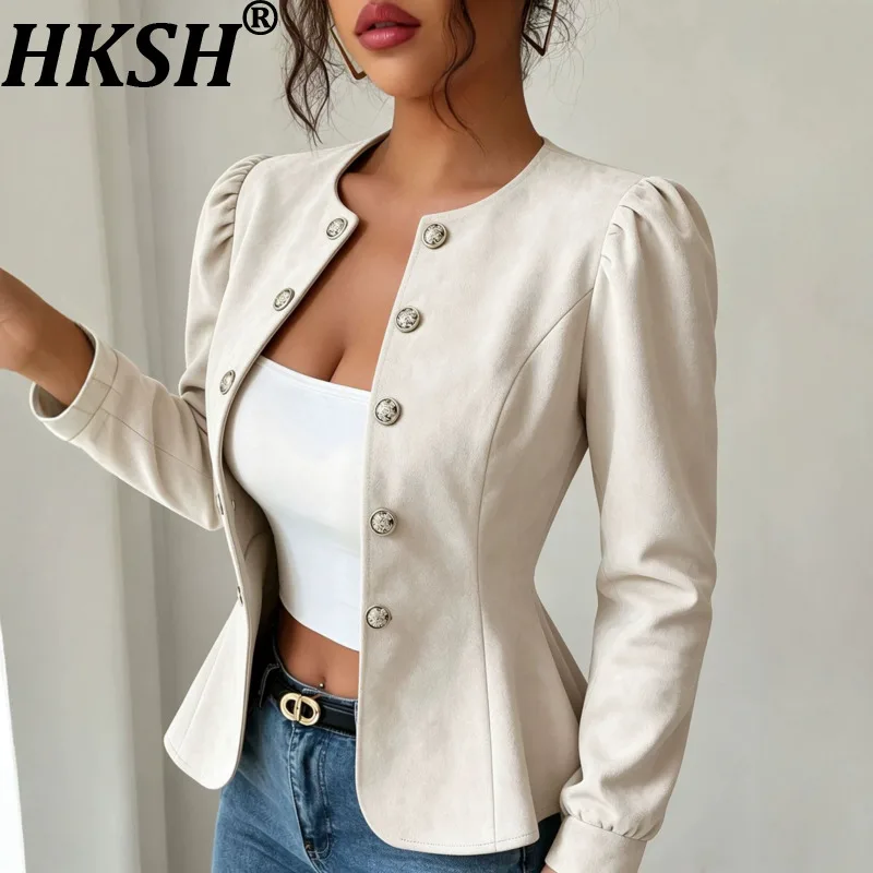 HKSH Women Blazer Elegant Fashionable Double Breasted Design Solid Color O-Neck Waist Cinching Slim Suit-Coat Autumn New HK28135