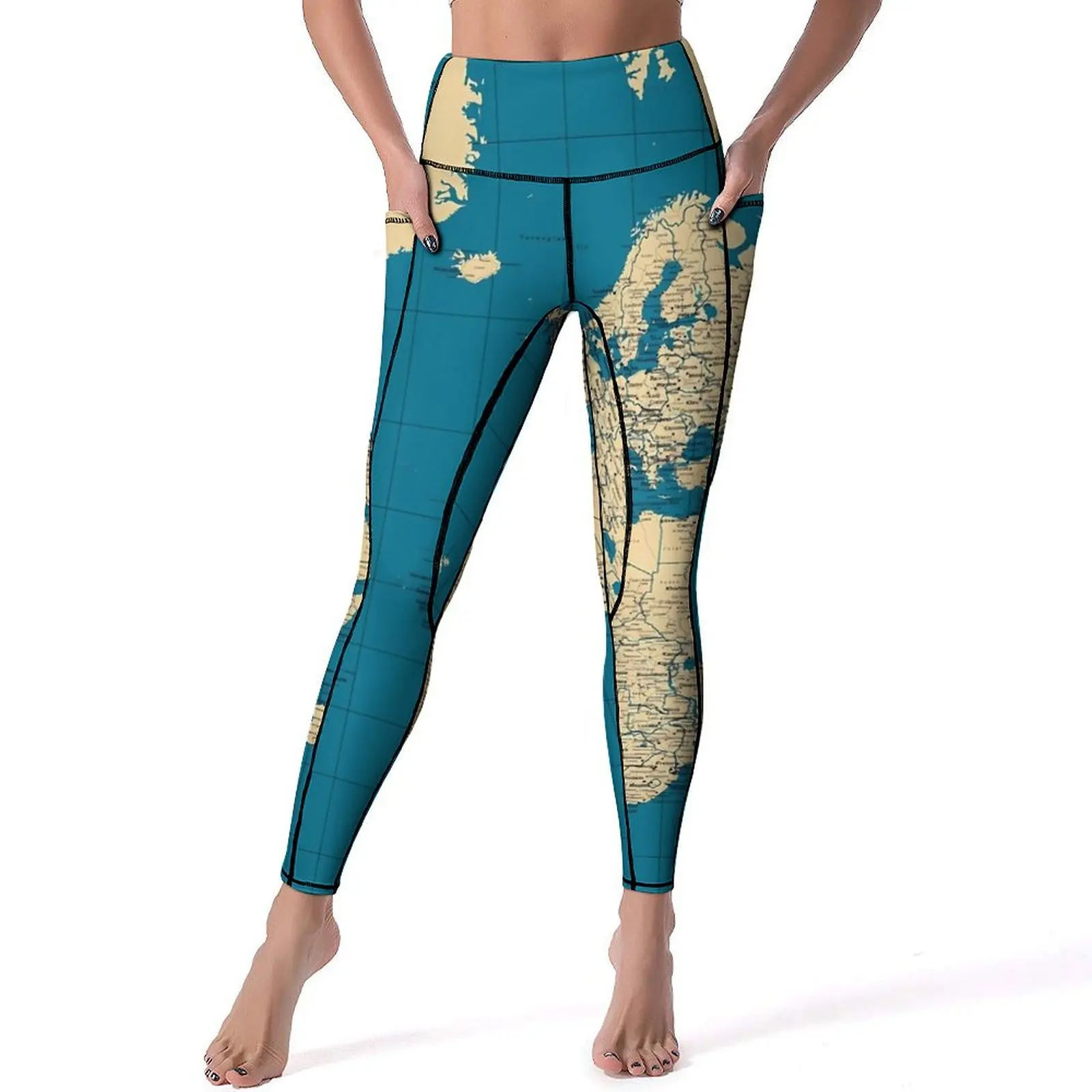 Weltkarte-Leggings, Städte, Straßen, Seen und Flüsse, Training, Yoga-Hose, Push-Up, atmungsaktive Leggins, Design, Sportstrumpfhose, Geschenkidee