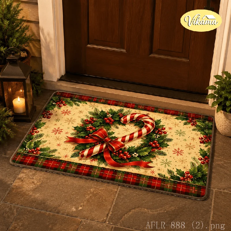 VIKAMA Christmas Candy Cane Plaid Doormat 2D Print Non‑Slip Holly Berry Xmas Entrance Floor Mat For Front Door Home Decor