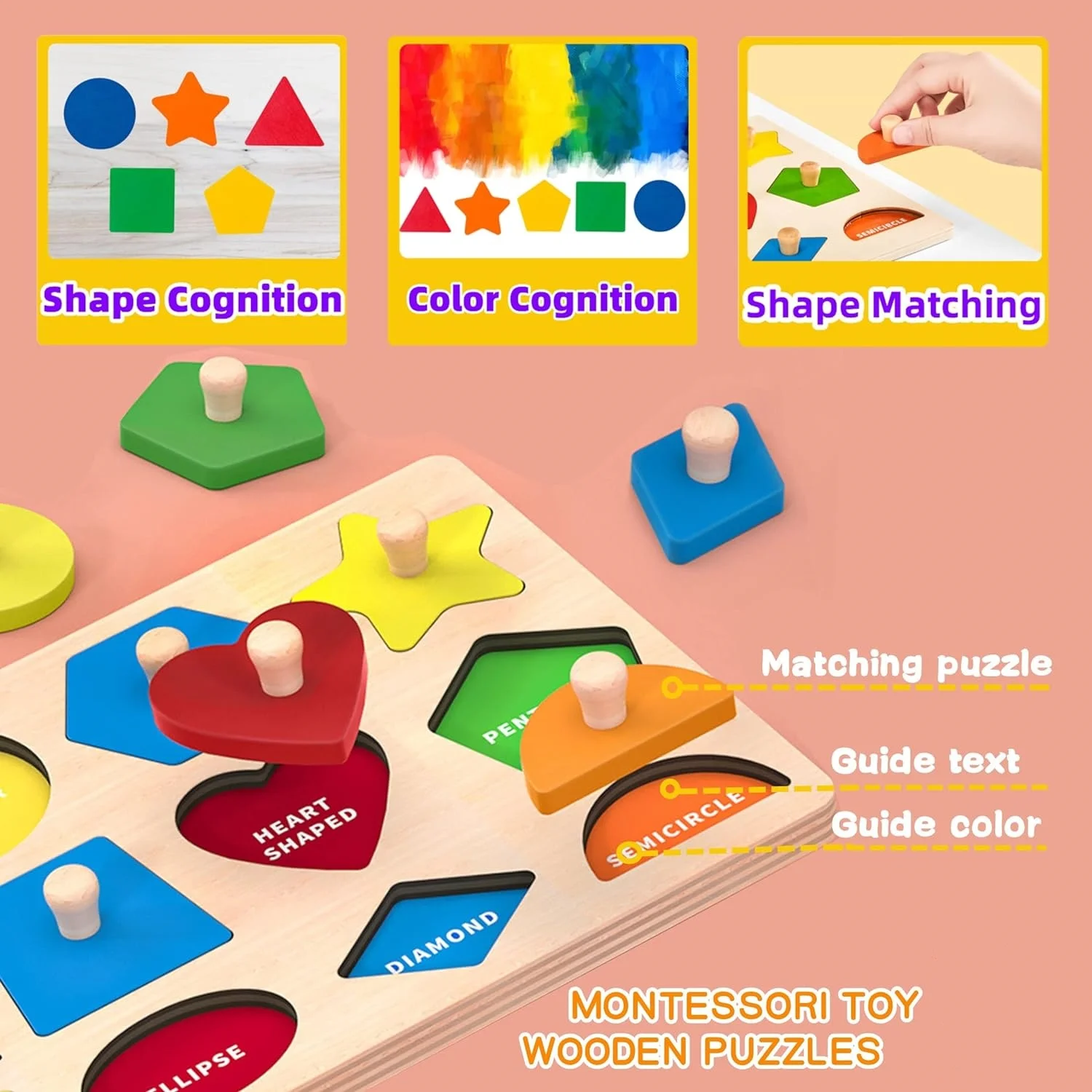 Juguete Montessori de clasificación de colores, tablero de agarre a juego con forma de madera, rompecabezas para bebés, juguete educativo temprano, juguete de Motor fino